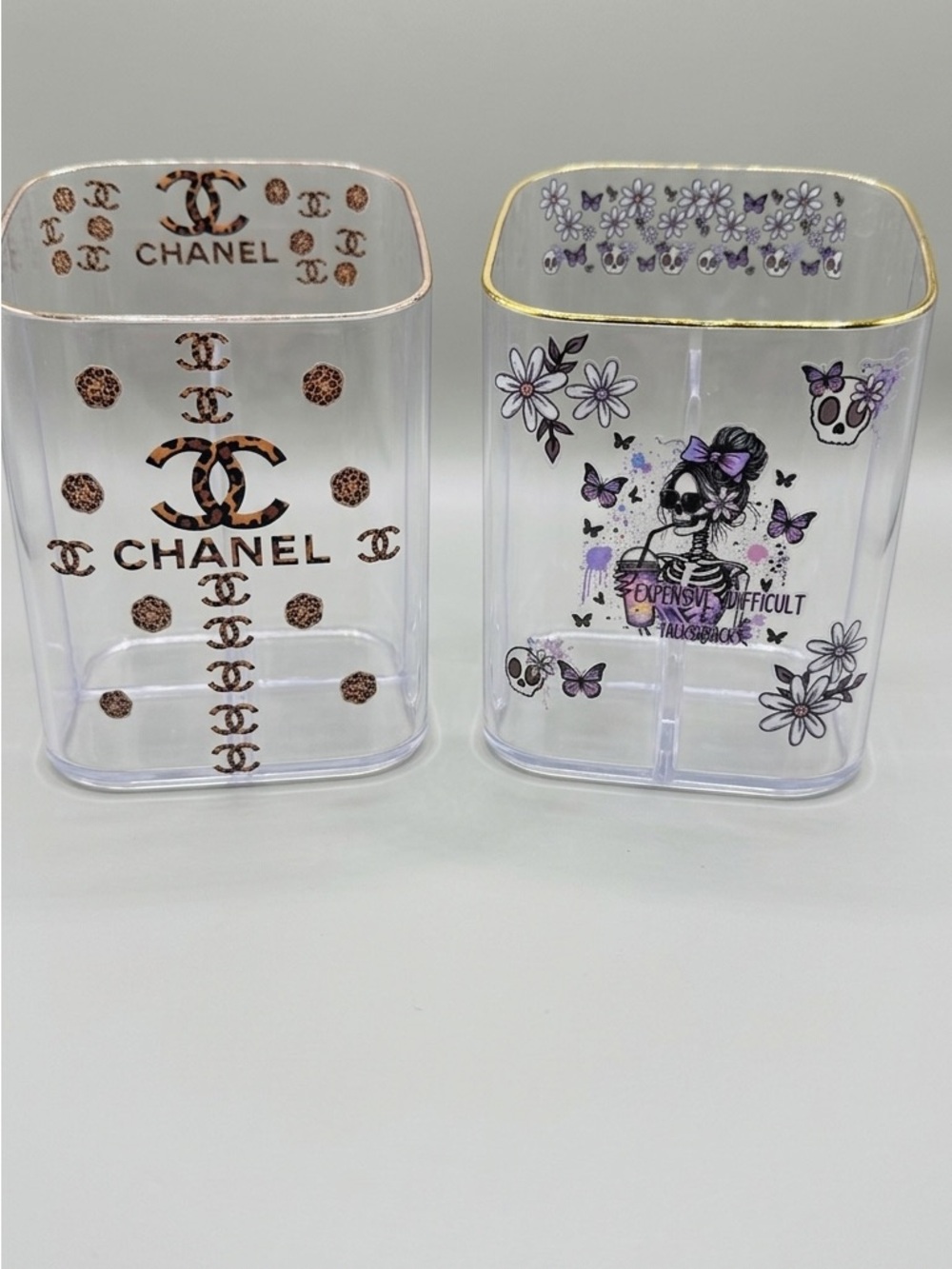 Custom clear Acrylic Makeup Brush Holder with Gold & Purple Accents made by Joe